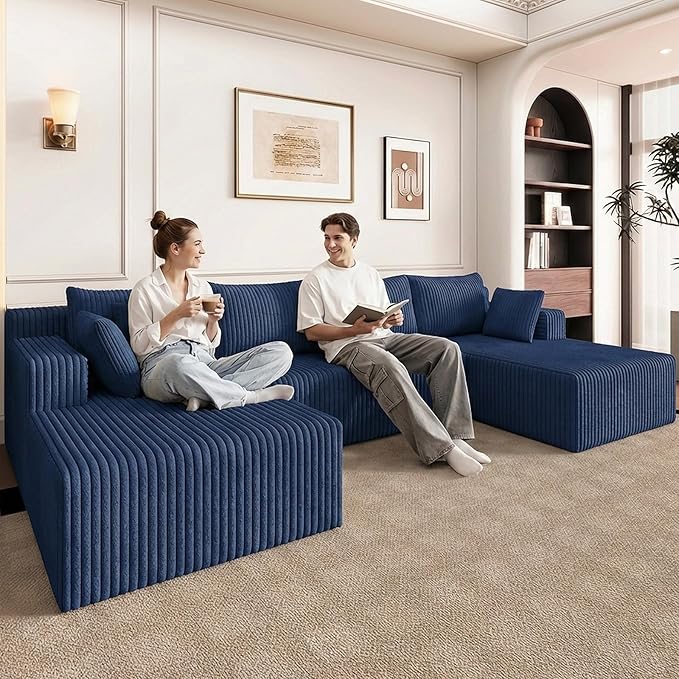 124 U Shaped Cloud Couch Sectional Corduroy Upholstered 4-Seater Cloud Couches for Living Room Deep Seat Modular Boneless Sofa with Lounge Chaise No Assembly Required Blue