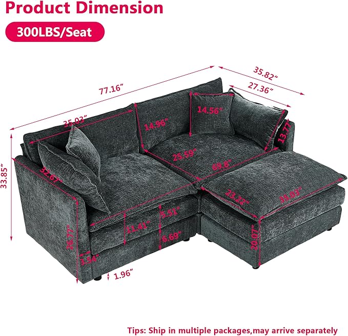 Aoowow Modular Sectional Sofa Modern Convertible Loveseat Couch77.16 Inch Deep 2-Seater Sofas Comfy Chenille Cloud Sofas and Couches Set with Movable Ottoman for Living Room Apartment（Grey）