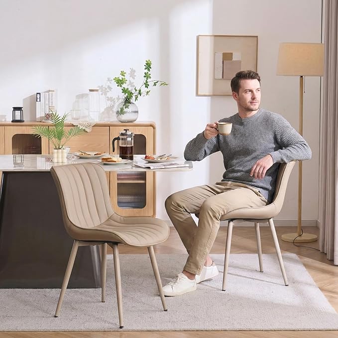 YOUNUOKE Mid-Century Modern Dining Chairs Set of 2 Khaki PU Leather Upholstered Kitchen Chairs with Khaki Metal Legs Armless Accent Chair for Dining Room Guest Reception Room