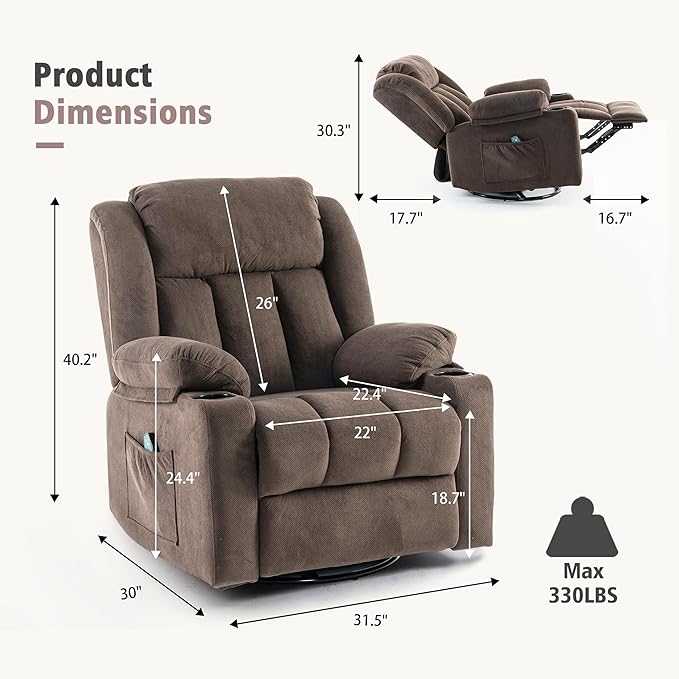 Rocker Swivel Recliner Chair for Adults Overstuffed Large Manual Recliner Glider with Massage and Heat Comfy Soft Fabric Living Room Reclining Sofa Chair (Warm Cocoa)