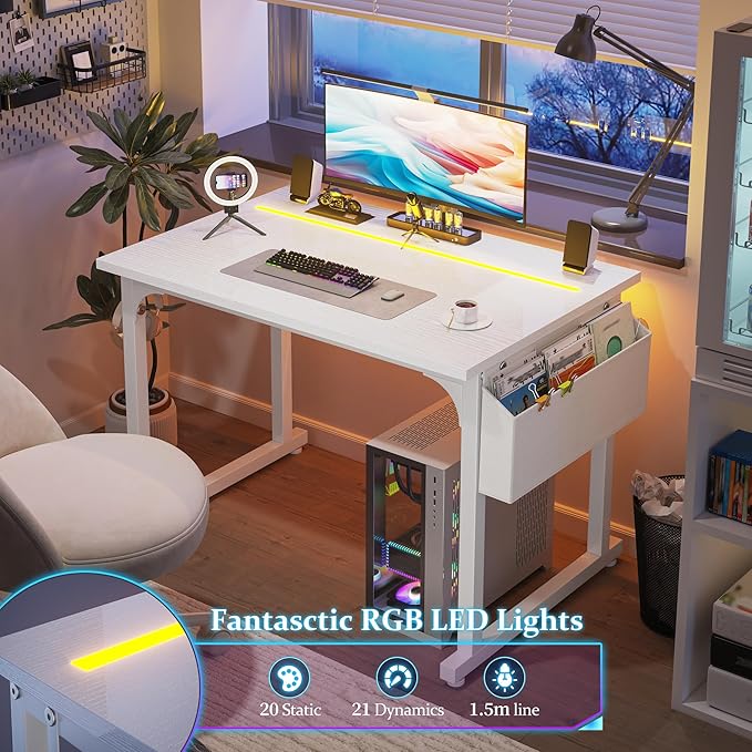 32 Inch White Computer Desk with LED Lights for Small Spaces Office Desk for Home Office Gaming Study Desk Writing Table with Storage BagDesk with Frame Headphone Hook