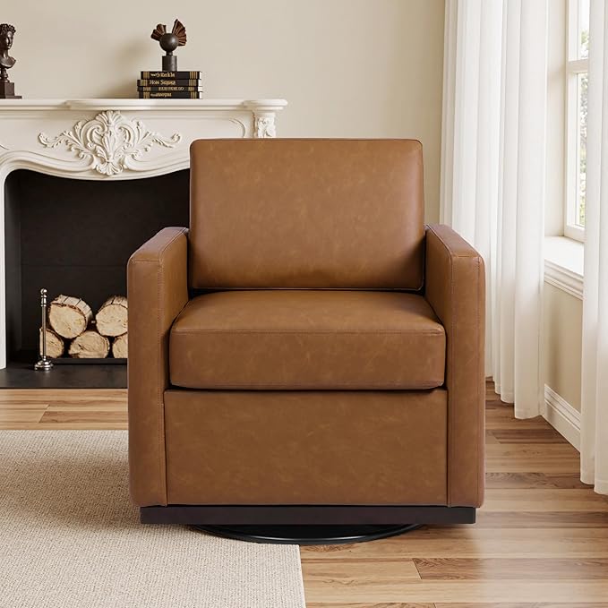 Swivel Barrel Accent Chair Mid Century Modern Arm Chair for Living Room Bedroom Comfy Club Reading Lounge Sofa Corner Chairs for Adults (Leather Brown Set of 1)