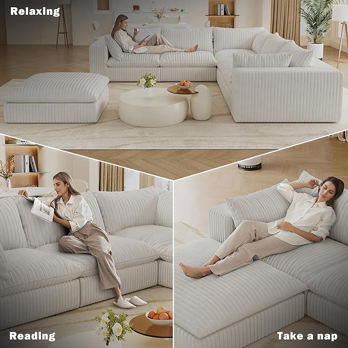 118.2 Modern V Shaped Corner Sofa Comfy Modular Sectional Cloud Couch with Plush Corduroy Fabric Deep Seat Upholstered Sofa Boneless Couches for Living Room No Assembly (White + Ottoman)