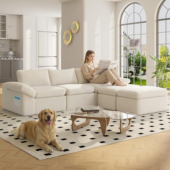 5 Seater Modular Sectional Cloud Couch 108 ”Comfort U-Shaped Boneless Couch for Living Room Deep Seat Sofa Bed with 2 Movable Ottoman High-Res ilience Sponge No Assembly Required White