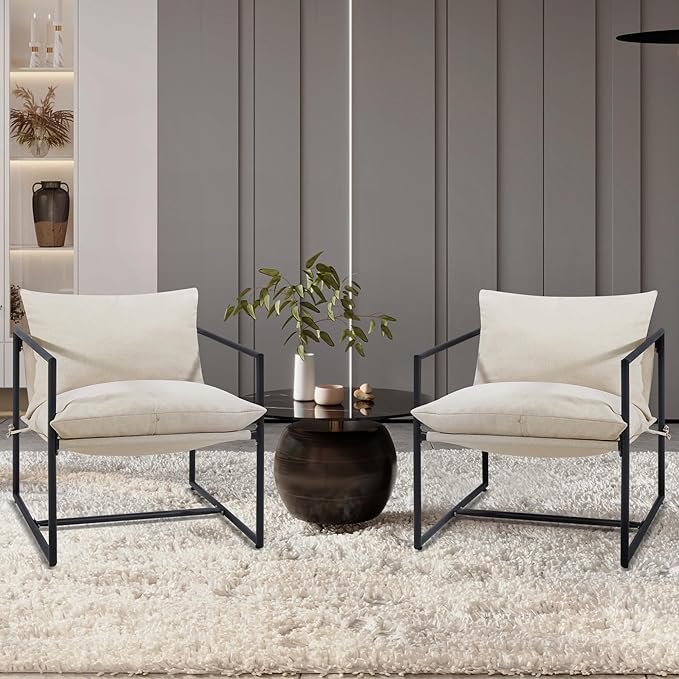 Kromax Sling Accent Chair Set of 2 Cozy Living Room Chairs Square Metal Frame Upholstered Soft Cushion Sponge 28 x28“x32 Easy Assembly Beige
