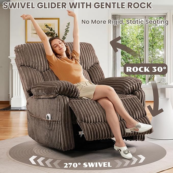 SUNWAVE Power Recliner Chair Electric Swivel Rocker Heat &amp Massage Hybrid Corduroy Infinite Position Recliner USB Remote Tool-Free Assembly (Brown)
