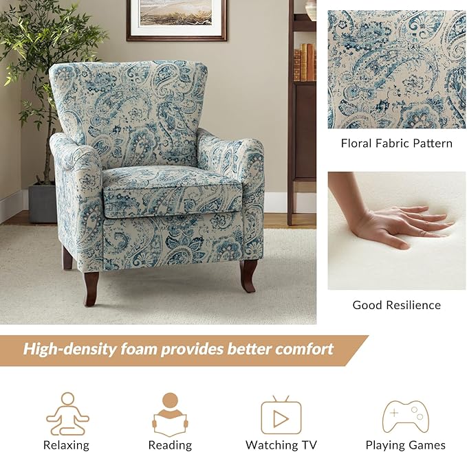 HULALA HOME Floral Accent Chair Set of 2 Modern High Back Armchair with Wooden Legs Comfy Wingback Chair Upholstered Accent Single Sofa Chair for Living Room &amp Bedroom Blue