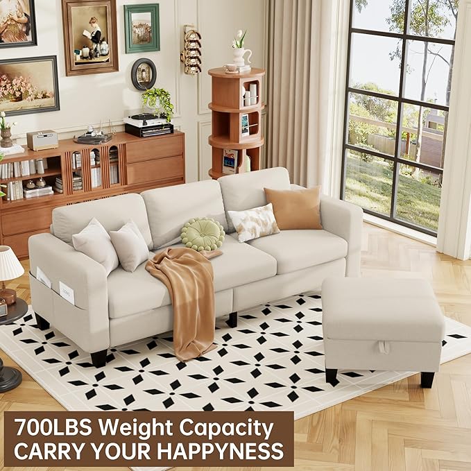 ZeeFu Sectional Sofa Couch with Storage Ottoman 78 L Shaped Modular 3 Seater Couches for Living Room Modern Linen Fabric Set for Small Space Apartment Office
