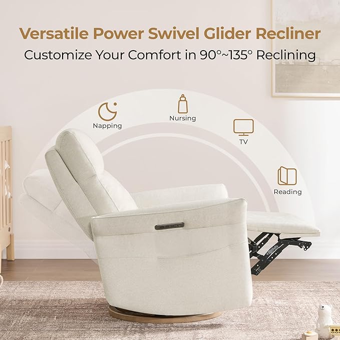 CHITA Power Recliner Chair Electric Triple-Motor Swivel Glider Nursery Rocking Chair with Adjustable Power Headrest and Lumbar Support GREENGARD Gold Certified Solid Wood Base Linen