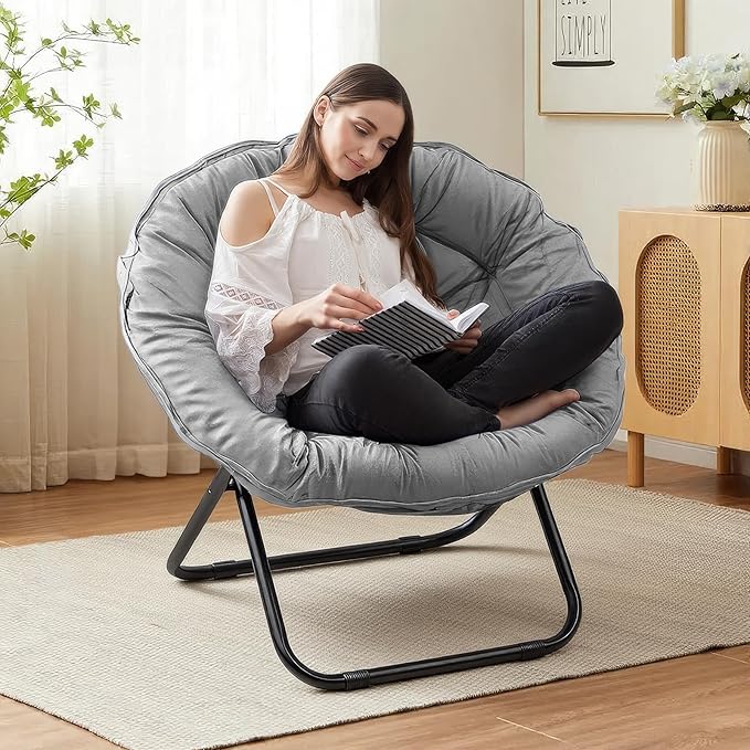Folding Saucer Chairs for Living Room Circle Chairs with Faux Fur Moon Saucer Chairs for Adults Dorm Reading (Gray)