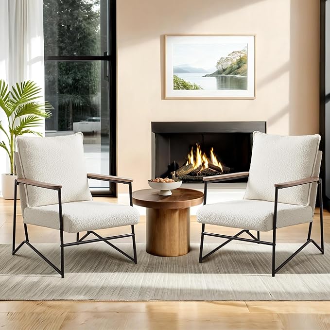 Art Leon Accent Chairs Set of 2 - Modern Boucle Fabric Armchairs with Wooden Armrests Upholstered Lounge Chairs with Metal Legs for Living Room Bedroom Reception Room White