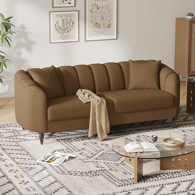 82 Inch Loveseat Sofa Modern Couch and Sofa Curved Petal Design Furniture Sturdy and Easy Installation Small Sofa for Living Room Bedroom Office and Apartment Terry Fleece Fabric Brown