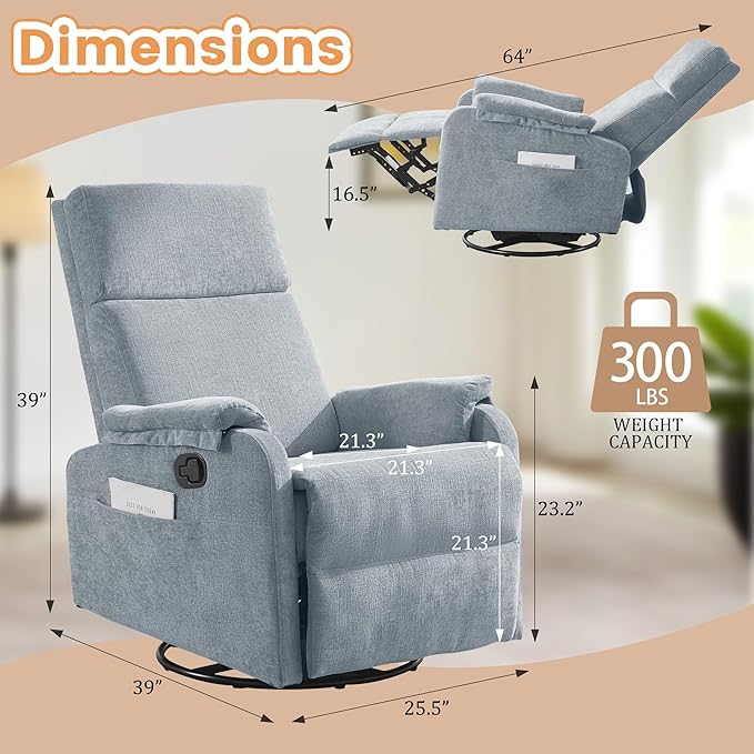 Recliner Chair Swivel Rocking Recliner Chair for Adults Glider Rocking Chair Small Nursery Chair Recliner for Living Room Reclining Chair with Modern-Designed Armrests Chenille Blue