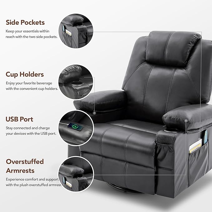 Oversized Swivel Rocker Recliner Chair with Heat and Massage 360 Degree Swivel Rocking Single Sofa with USB Port and Cup Holders Large Big Recliner Chair for Living Room(Leather Black)