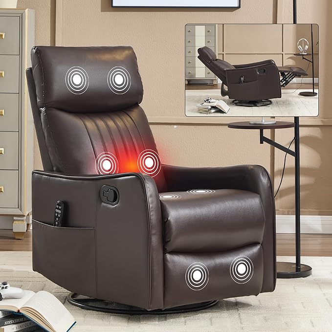 KEIKI Swivel Rocker Recliner Chair with Massage and Heated Pad for Living Room Synthetic Leather Glider with 360 Degree Rotation and Manual Recline