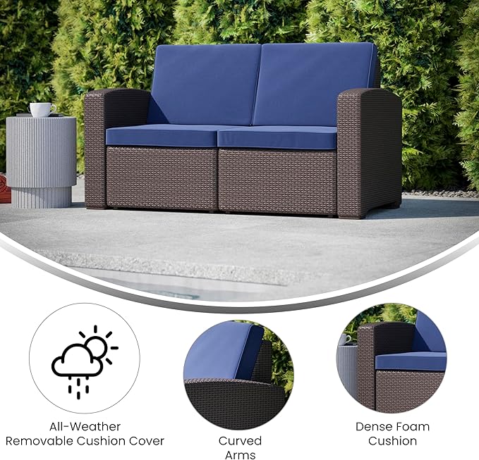 Flash Furniture Seneca Chocolate Brown Faux Rattan Loveseat with All-Weather Navy Cushions