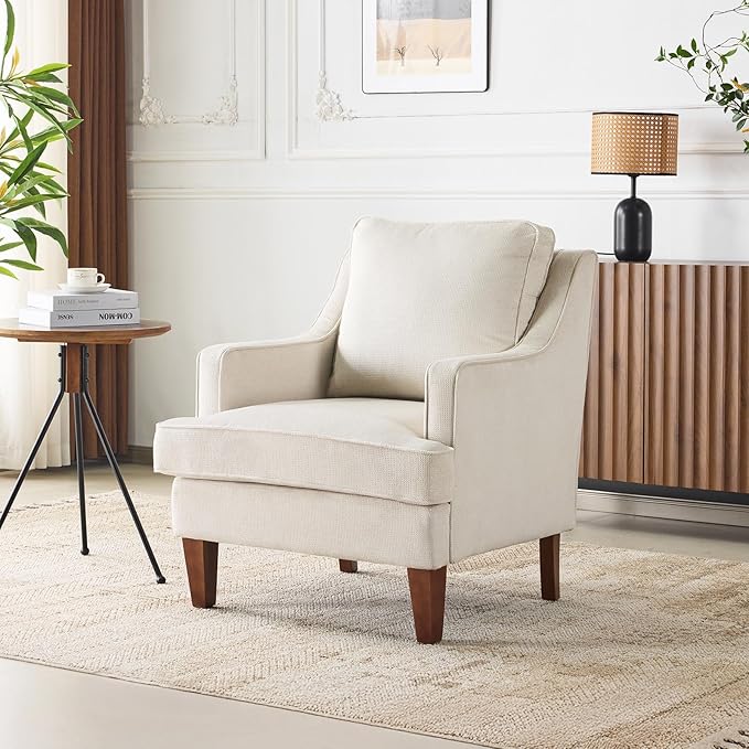 VINGLI Mid-Century Accent Chairs Beige Upholstered Armchair Comfy Sofa Chair Reading Chair High Back Living Room Bedroom Furniture for Apartment