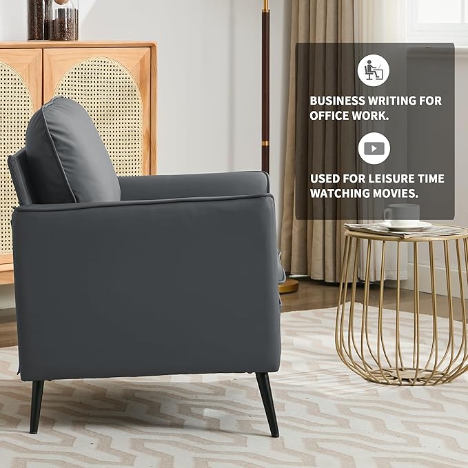 YISHENG Mid-Century Modern Living Room Accent Chairs Set of 2 - Oversized Faux Leather Armchairs with Removable Cushions &amp Metal Legs Comfortable Sofas for Office/Lounge/Bedroom/ReceptionGray