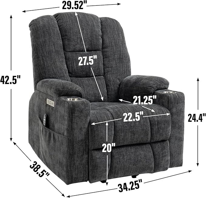 Large Power Lift Recliner Chair with Massage and Heat Overstuffed Wide Living Room Recliner Chairs Comfy Bedroom Recliners for Adults Lazy Boy Reclining Chair for Small SpacesGrey