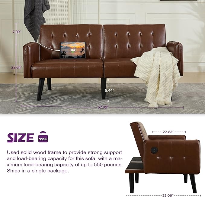 TYBOATLE 65“ Convertible Futon Sofa Bed w/ 2 USBTufted Small Adjustable Folding Couch Loveseat Modern Mid Century Faux Leather Sleeper Sofa for Living Room BedroomOffice Brown