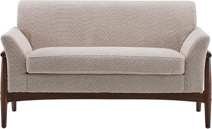 Christopher Knight Home Canna Boucle Flared Arms Loveseat Comfy Upholstery 2 Seater Sofa Wooden Frame Living Room Chair Soft Seating Lounge Sofa for Bedroom/Office Almond + Walnut