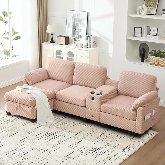 KEIKI 105 L-Shaped Oversized Corduroy Modular Sectional Sofa with 1 Ottoman and Multi Functional Console 4-Seater Upholstered Couch with USB and 2 Cup Holder Easy Assembly for Living Room Pink