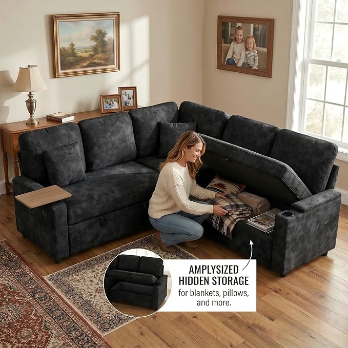 81 Modular Sectional Sofa L Shaped 5-Seater Sleeper Sofa with Pull Out Bed Hidden Storage Cup Holders &amp USB Charging Ports Sectional Couches for Living Room Chenille Black