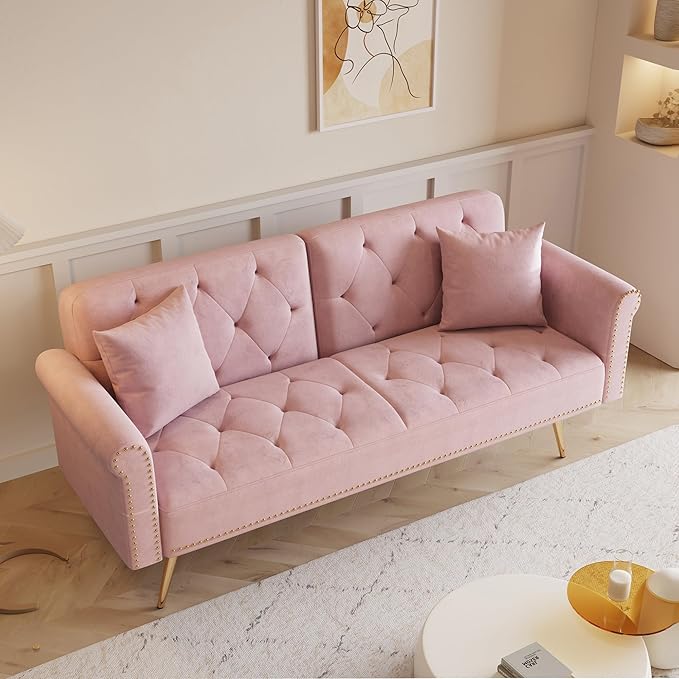 Modern Velvet 2 in 1 Futon Sofa BedConvertible Folding Sleeper Bed Couches with 2 Pillows63 Tufted Recliner Love Seat with Golden Chrome Legs for Living Room Apartment Office (Pink-New)