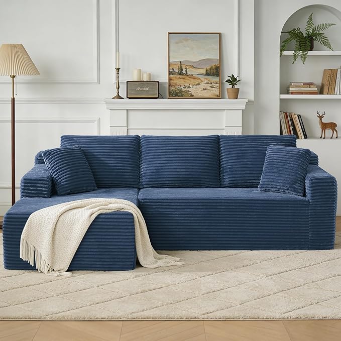 KIVENJAJA 103” Corduroy Boneless Couch L-Shaped Sectional Sofa with Left Facing Chaise Cloud Compression Couches for Living Room Apartment Home Office No Assembly Required Navy Blue