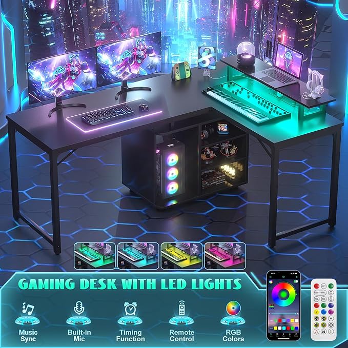 Cyclysio L Shaped Gaming Desk with Wood Cabinet 58 Large Corner Desk with LED Lights &amp Power Outlet Reversible Computer Desks with Computer Tower Stand 2 Person Desks for Home Office Black