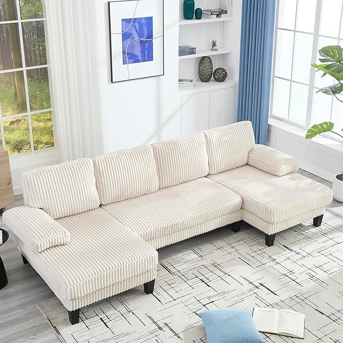 114.2 U-Shaped Sectional Sofa for Living Room Corduroy U-Shaped Couch with Double Chaises and Comfortable Backrest 4-Seater Comfy Cloud Sofa for Office &amp Small Space (White)