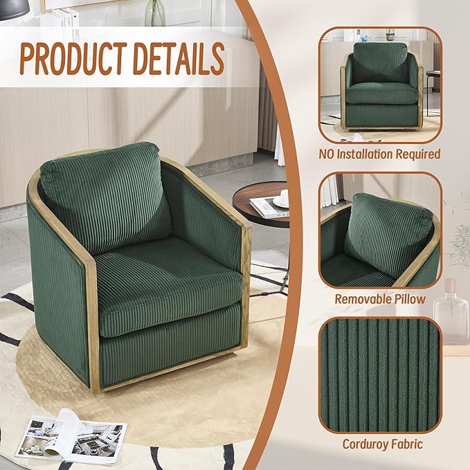 360 Degree Swivel Barrel Club Chair Comfortable Accent Sofa Chair for Living Room Leisure Armchair with Sturdy Hardwood Frame and Metal Base for Nursery Hotel Bedroom Office Lounge (Emerald)