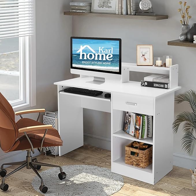 Karl home Computer Desk Study Writing Desk PC Laptop Table Wooden Home Office Workstation with Drawer Shelf Keyboard Tray White