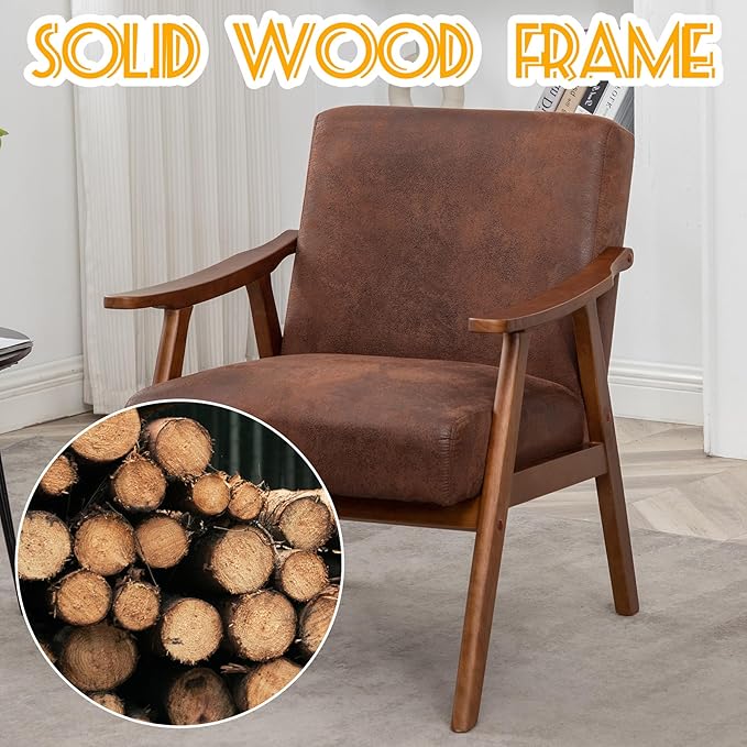 Mid Century Modern Accent Chair Upholstered Armchair Comfy with Wood Legs Siting Chair with Soft Cushion PU Leather Side Chairs for Living Room Bedroom Office (Microfiber Light Brown)