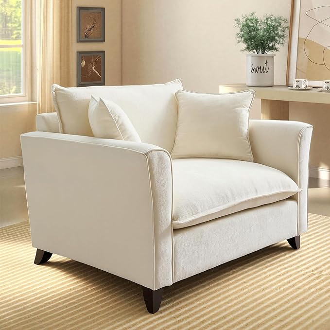 ERYE 46.9 Chenille Upholstered Accent Chair Wide Seat for Living Room Bedroom Modern Leisure Cushion Armchair W/ 2 Pillows and Removable Cover for Home Apartment Office