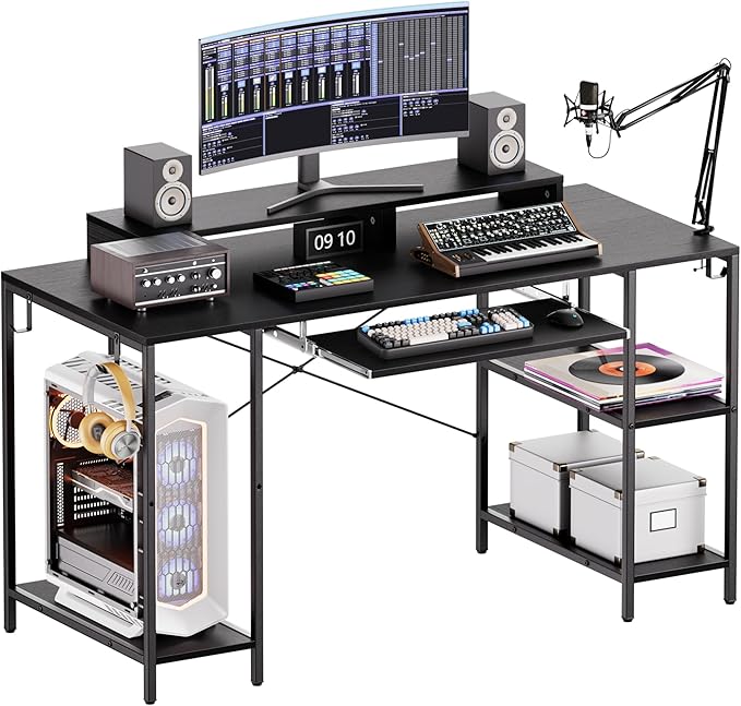Workstation Desk with Keyboard Tray 55 Inch Computer Desk with Storage Shelves Monitor Stands and 4 Iron Hooks Industrial Desk for Home Office