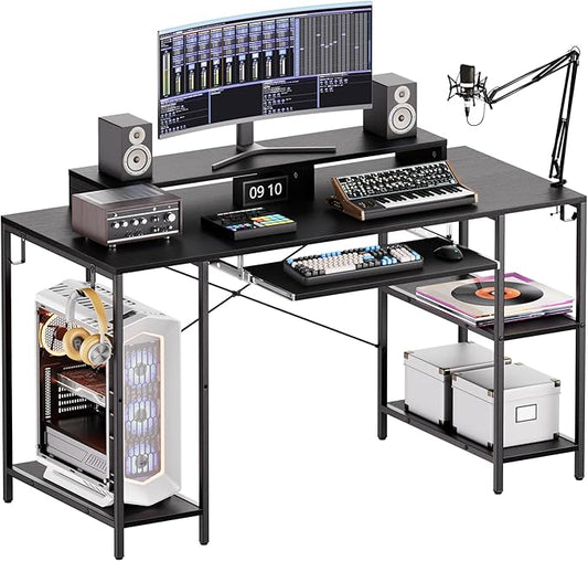 Workstation Desk with Keyboard Tray 55 Inch Computer Desk with Storage Shelves Monitor Stands and 4 Iron Hooks Industrial Desk for Home Office