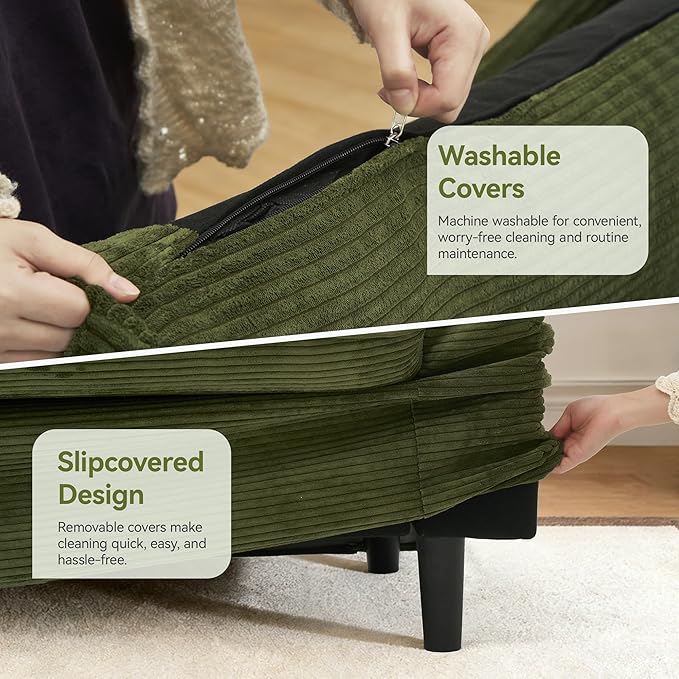 86 Loveseat Sofa Green Corduroy CouchModern Cloud Sofa Love Seat Deep Seat Slipcovered Sofa with 2 Wide Armrest Pillows for Small Spaces Apartment Studio Office Bedroom Living Room
