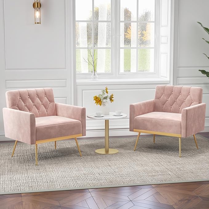 Modern Accent Chairs for Living Room Mid-Century Velvet Upholstered Arm Chair w/Gold Metal Legs Comfy Reading Armchair Tufted Single Sofa Chair Couch for Bedroom Office (2Pink)
