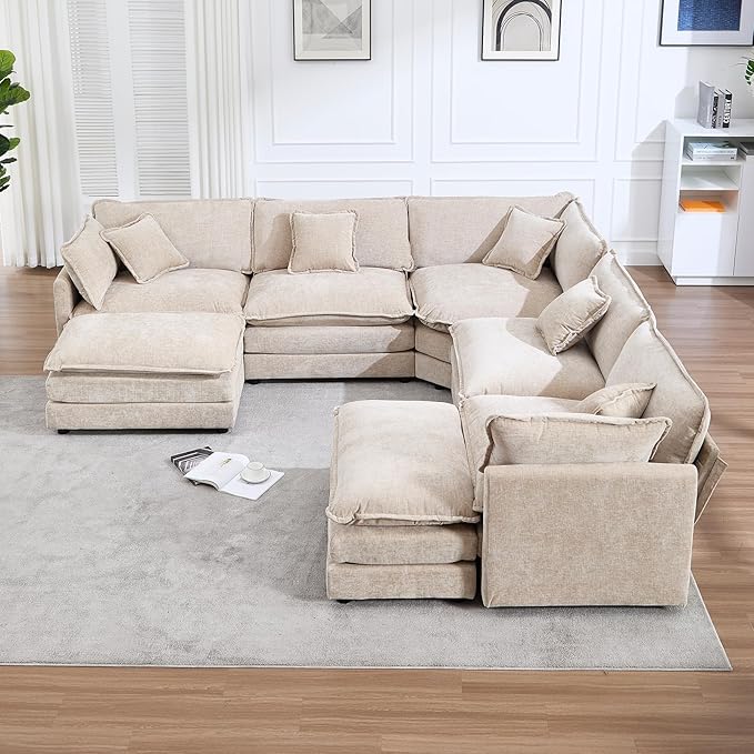 Oversized Modular Sectional Sofa Couch Large U Shaped Corner Couch with Ottoman Chenille Cloud Couches for Living Room Convertible 7 Seater Sectional Sofa for Office Spacious Space Camel