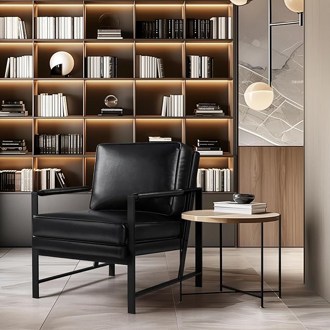 Yaheetech PU Leather Armchair Retro Leisure Accent Chair with Extra Soft Padded and Cushion Modern Reading Arm Chair with Black Metal Frame for Living Room/Office/Bedroom/Study Black