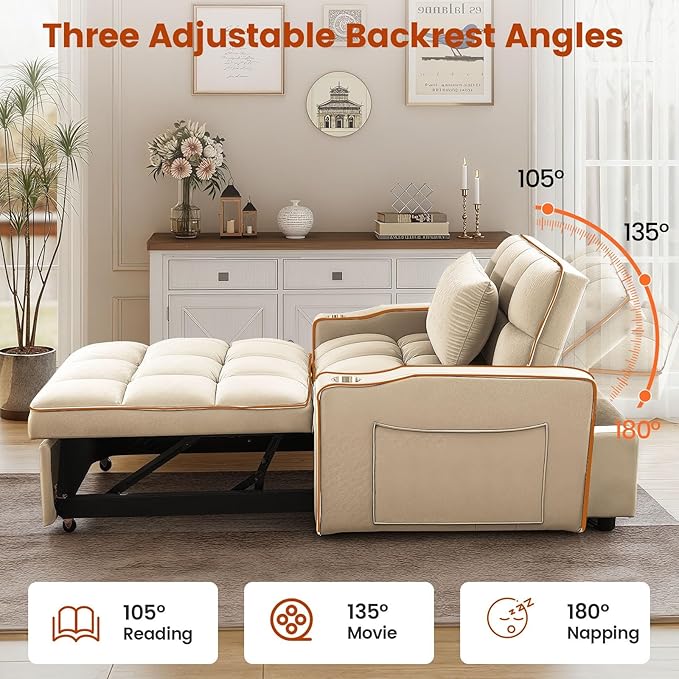 Convertible Sleeper Chair Chairs Bed Sleepers for Adults Pull Out Chair Sleeper with Bracket and Cup Holder 3 in 1 Sofa Bed Chairs for Small Spaces Living Room White