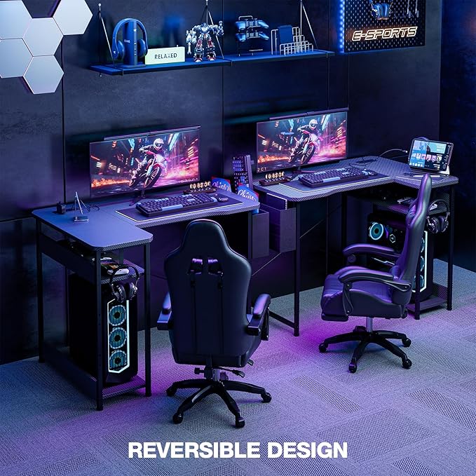 L Shaped Gaming Desk 48 Inch - Computer Corner Desk with Power Outlets Reversible Shelves &amp Storage Bag for Home Office PC Gaming Table Black Carbon
