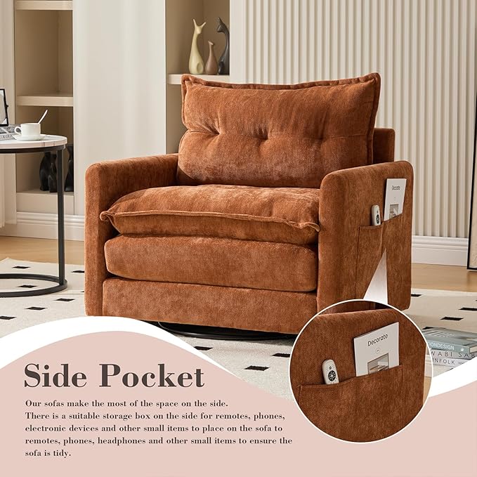 Oversized 360° Swivel Accent Armchair Chair and a Half with Side Pockets and Wide armrest Solid Metal Base Comfortable Single Sofa Chair for Living RoomBedroom Reading Room (Brown)