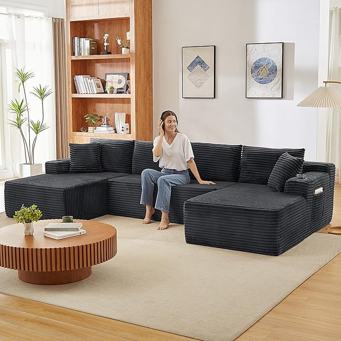133.5 Modular Sectional Sofa with Movable Chaises Boneless Couches with Cup Holders for Living RoomOversized U Shaped Sectional Couch Modern Cloud Corner Sofa with Storage 6 Seater- Grey