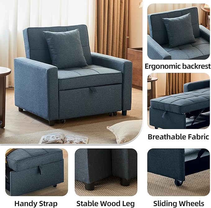 Sofa Bed Chair Convertible Sleeper Sofa with Pull-Out Bed 3-in-1 Futon Couch with Reclining Backrest and Side Pocket (Blue 35.6‘)