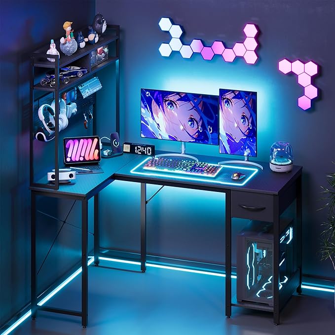 Apicizon L Shaped Gaming Desk 53 Reversible Corner Computer Desk with LED Lights Carbon Fiber Surface Pegboard with Hooks Drawer &amp PC Tower Stand USB Charging Port