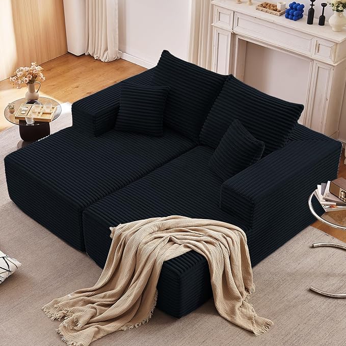 75Oversized Chaise Lounge ChairSectional Double Lounge Chaise with Pillows Upholstered Corduroy Boneless Lounge Chair Fluffy Modern Loveseat Sleeper Sofa for Living Room or Bedroom(Black)