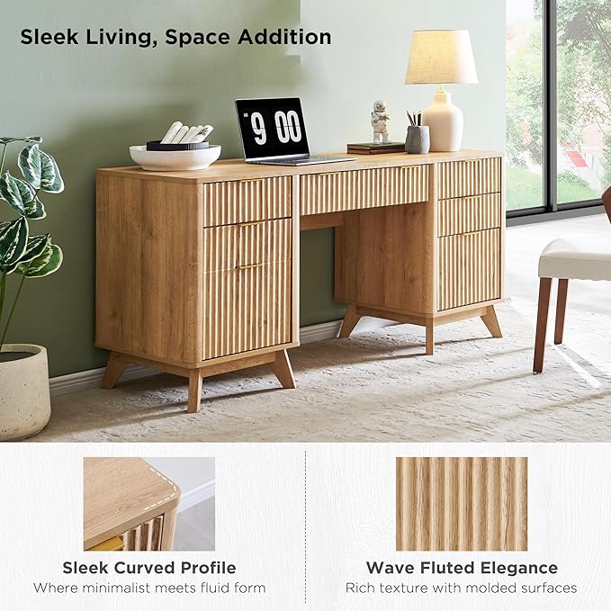 T4TREAM 60'' Fluted Executive Desk with Drawers Modern Home Office Computer Desk with Charging Station Keyboard Tray File Drawer and Storage Cabinet for Study Living Room Bedroom Natural Oak