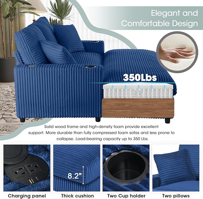 64 Chaise Lounge Indoor Oversized Chaise Lounge Chair with 2 PillowsUSB Charger Cup Holder Corduroy Sofa Bed Lazy Sleeper Couch Reading Chair for Apartment Blue